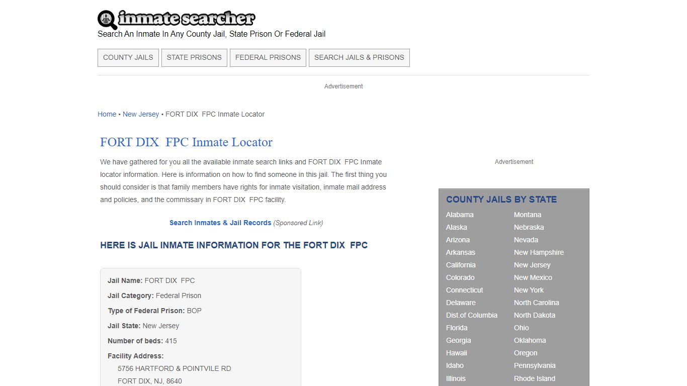 FORT DIX FPC Inmate Locator - Inmate Searcher