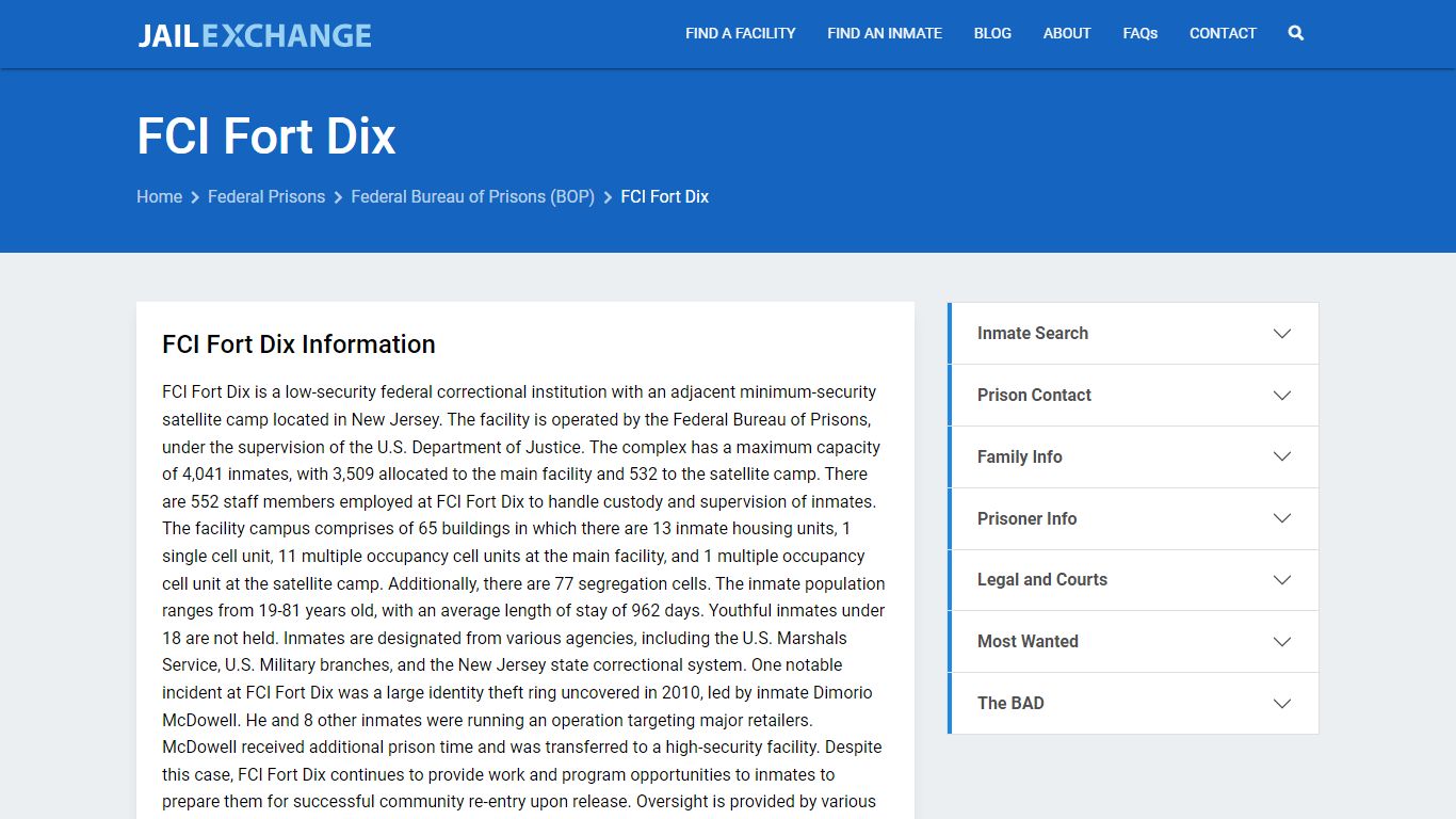 Federal Inmate Search - FCI Fort Dix - Jail Exchange