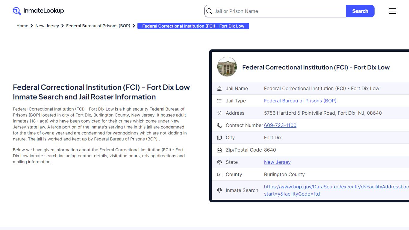 Federal Correctional Institution (FCI) - Fort Dix Low Inmate Search ...